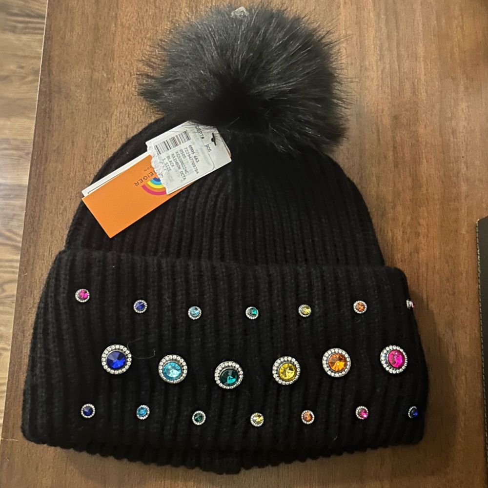 Kurt Geiger Octavia Rainbow Crystal Beanie with Faux Fur Pompom